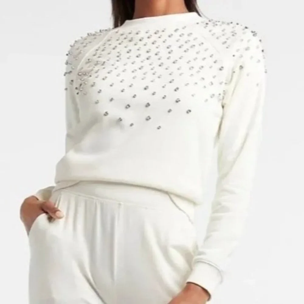 Express Womens Sz L Neutral Rhinestone Embellished Crew Neck Fleece Sweatshirt - Picture 2 of 10